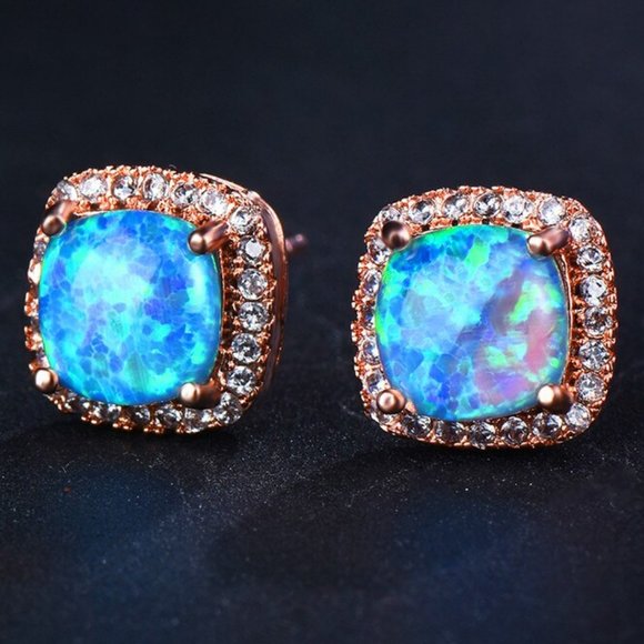 NEW 18K Rose Gold Blue Opal Diamond Halo Earrings - Picture 4 of 6